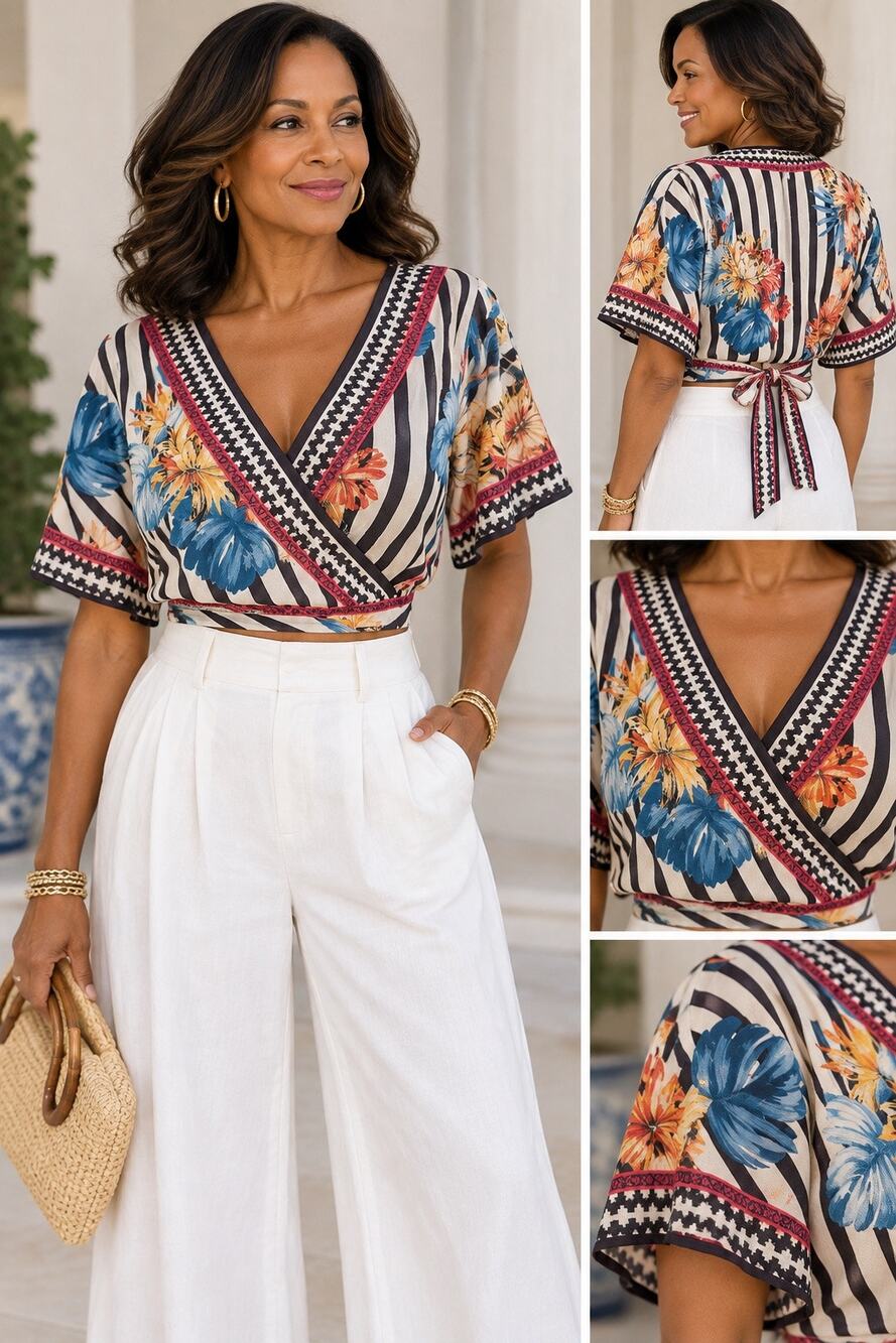 Flying Tomato Floral Striped Boho Wrap Crop Top Tie Back M